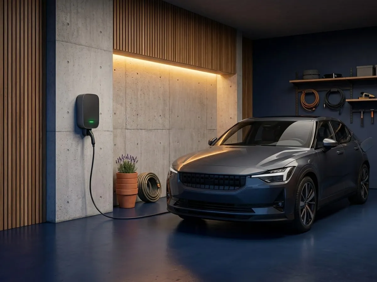 Cargador de auto eléctrico instalado en la pared de un garage, junto a un auto
