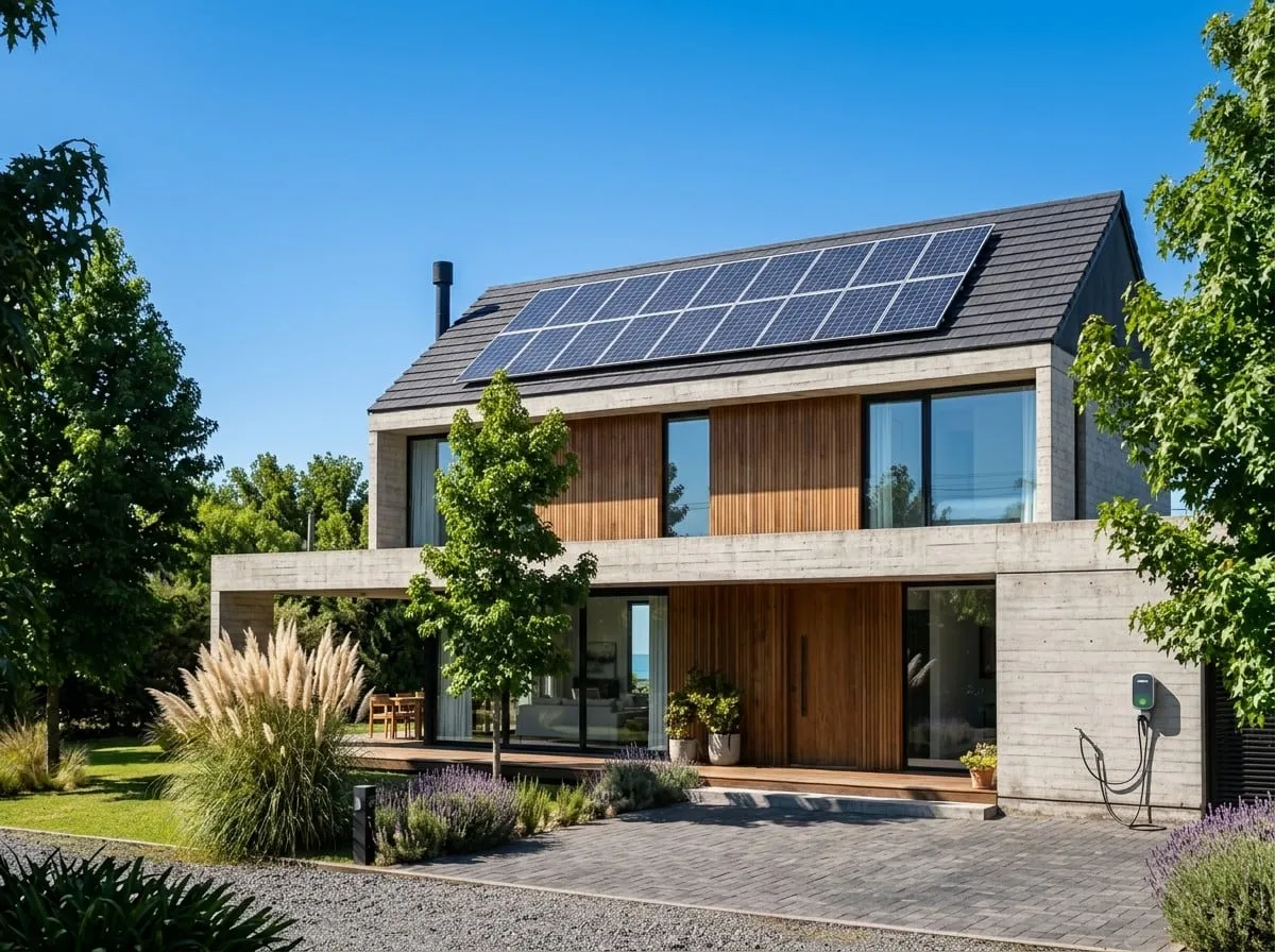 Casa con paneles solares instalados en el techo