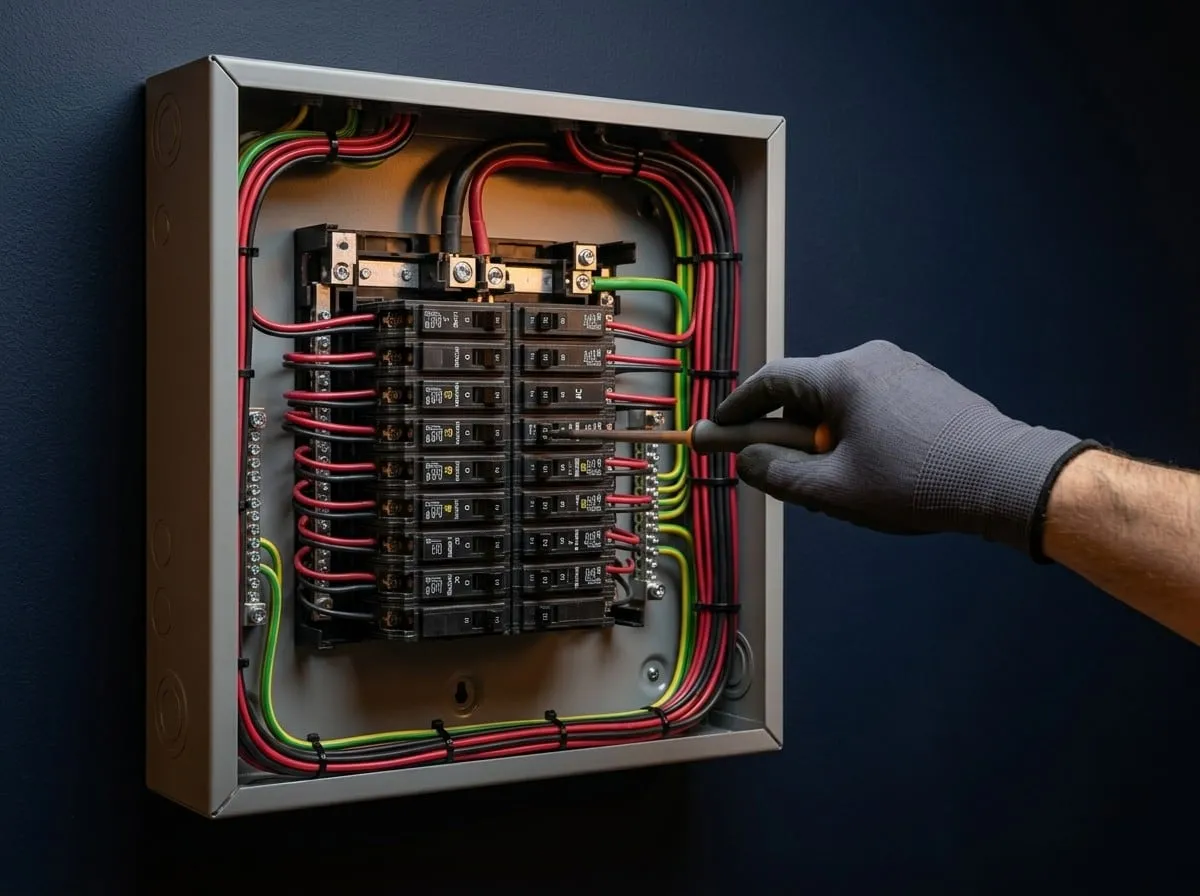 Electricista ajustando un tablero eléctrico con el cableado ordenado